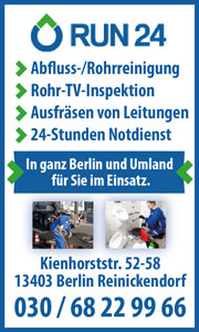 RUN 24 Abfluss-/Rohrreinigung, Rohr-TV-Inspektion, Ausfräsen von Leitungen, 24-Stunden Notdienst, in ganz Berlin un Umland im Einsatz, Berlin Reinickendorf