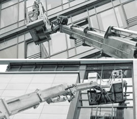 Häufig sind Spezialkräne erforderlich um in Berlin Glasfassaden von aussen zu reinigen