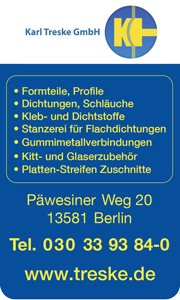 Karl Treske GmbH Gummi- und Kunstofftechnik, Formteile, Profile, Dichtungen, Schläuche, Kleb- und Dichtstoffe, Stanzerei für Flachdichtungen, Gummimetallverbindungen, Kitt- und Glaserzubehör, Platte-Streifen Zuschnitte Berlin Spandau