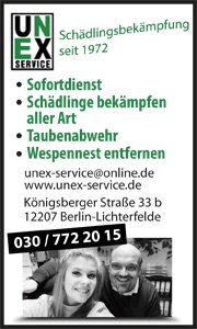 Schädlingsbekämpfung, Notdienst, Schädlinge bekämpfen aller Art, Taubenabwehr, Wespennest entfernen, UNEX Service Berlin