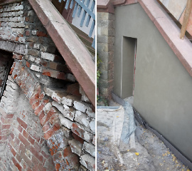 Maroder, feuchter Kellerabgang vorher und nachher